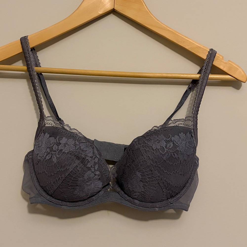 La Perla Dark Grey Floral Lace Padded Push-Up Bra 34C Made in Italy
